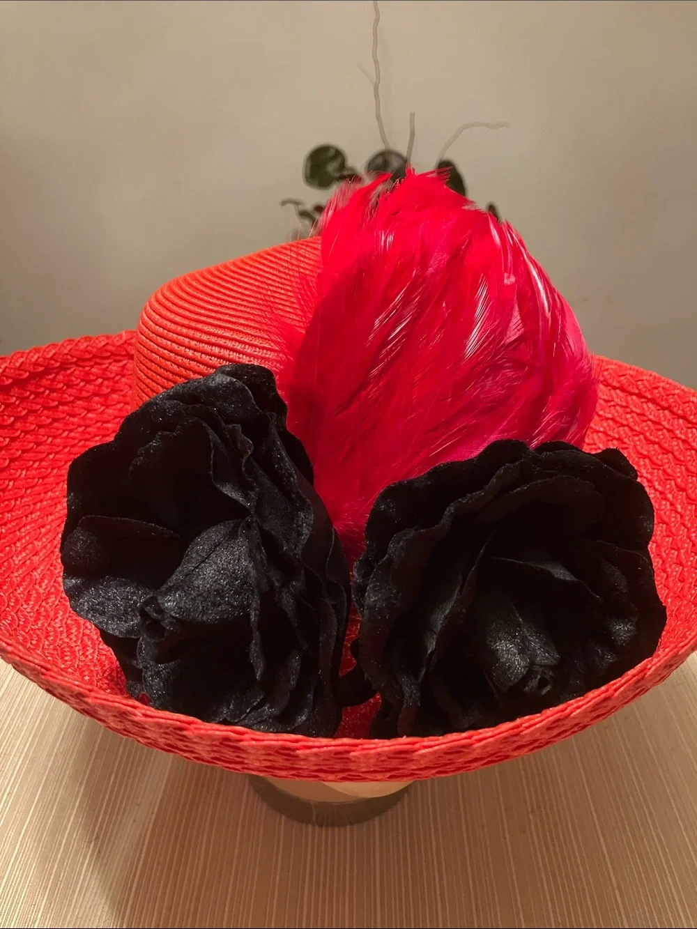 Red Straw Wide-Brimmed Hat with Black Velvet Floral and Red Feather Accents